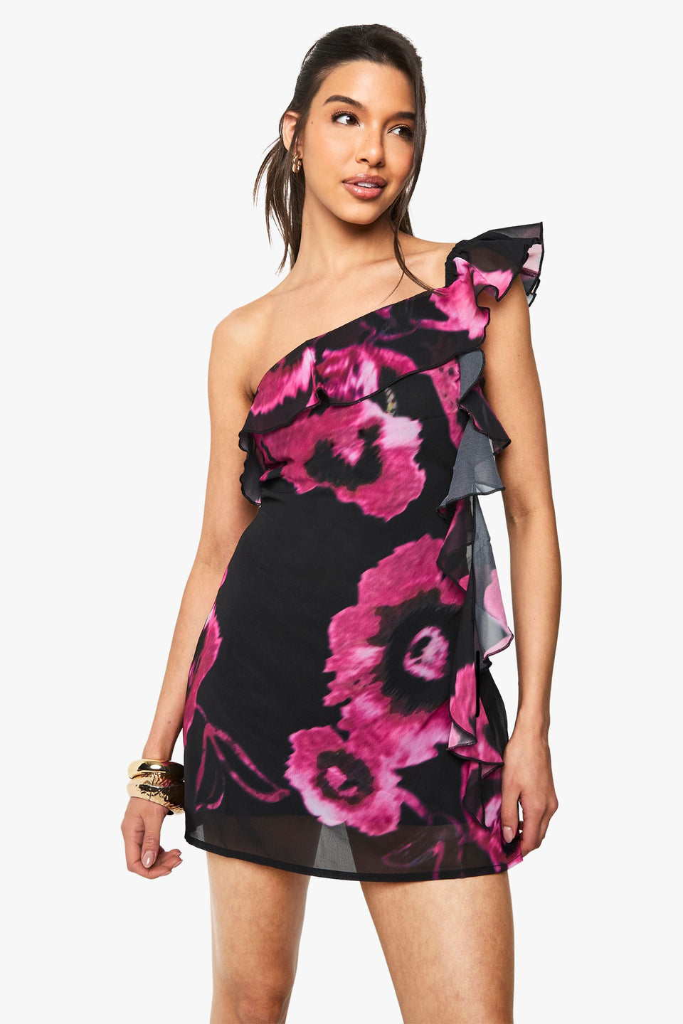 Floral Chiffon Ruffle One Shoulder Mini Dress