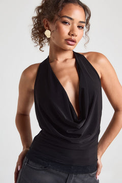 Double Layer Slinky Cowl Neck Lace Trim Top
