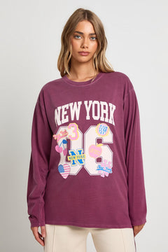 Stickered Varsity Printed Oversized Long Sleeve T-Shirt