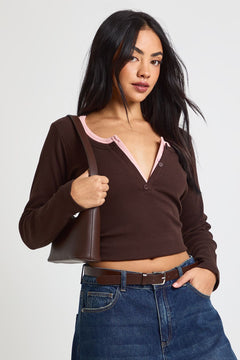 Ribbed Contrast Henley Button Long Sleeve Top