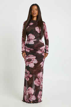 Floral Ruched Mesh Maxi Dress