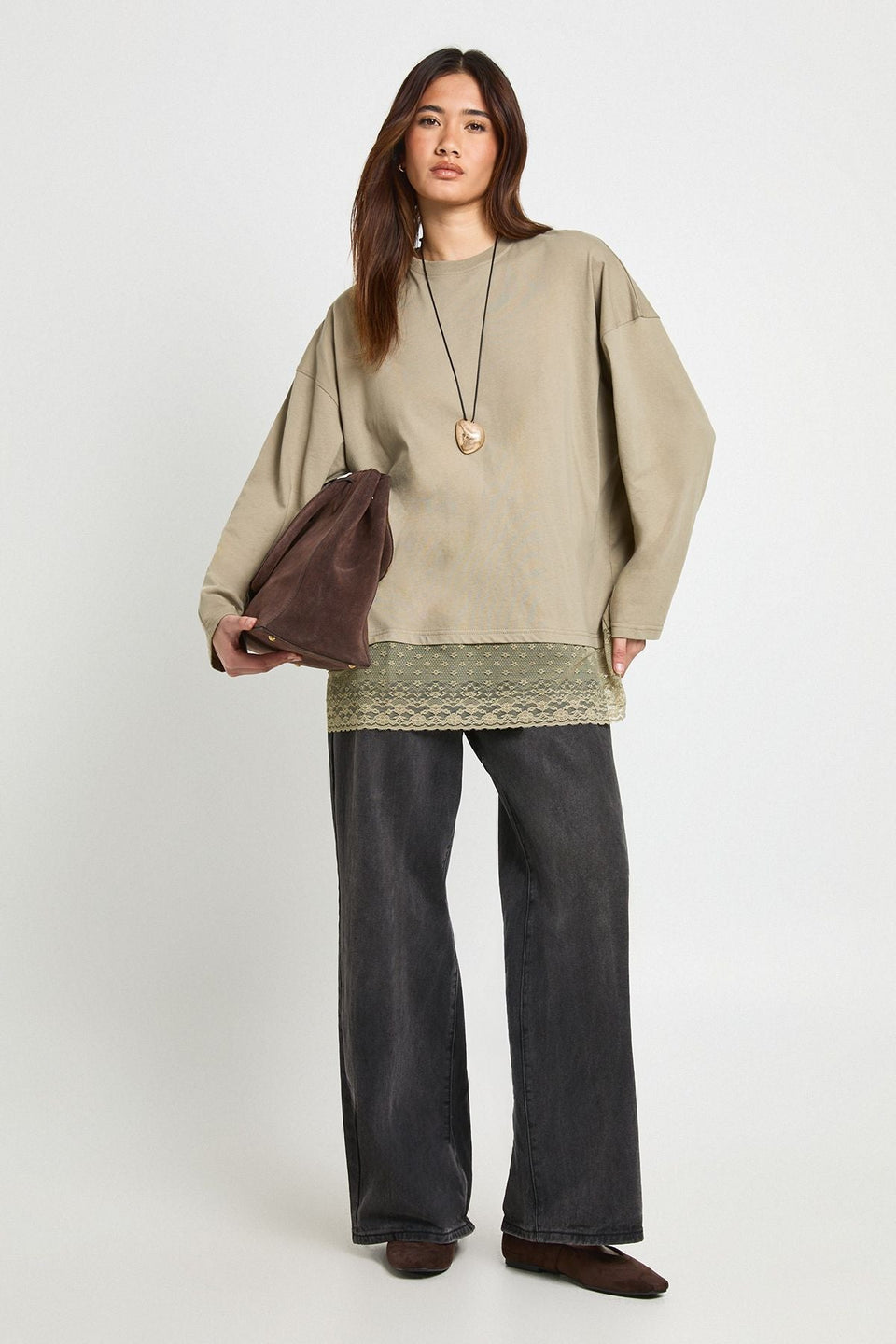 Long Sleeve T-shirt with Lace Hem Trim