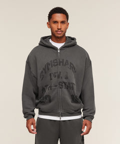 Gymshark Collegiate Washed Zip Up Hoodie - Asphalt Grey