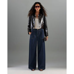 Indigo Mid Rise Tailored Baggy Wide Leg Jeans