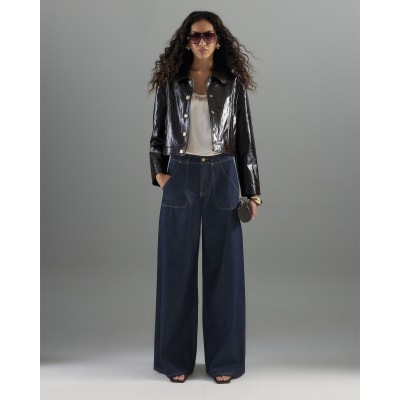 Indigo Mid Rise Tailored Baggy Wide Leg Jeans