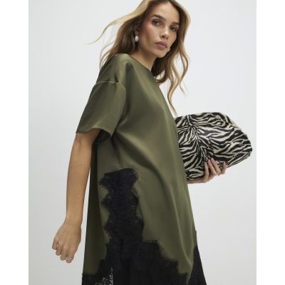 Khaki Asymmetric Lace Satin T-shirt