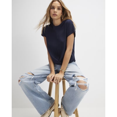 Navy Short Sleeve Twist Front T-Shirt