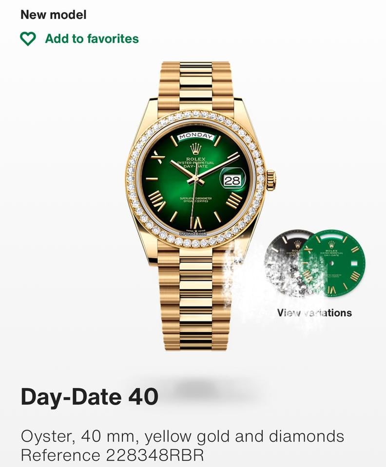 Rolex | Day-Date | 228348RBR | Yellow gold | 40 x 48 mm | Yellow gold | Green | Automatic