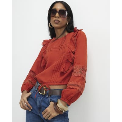 Orange Long Sleeve Ruffle Blouse