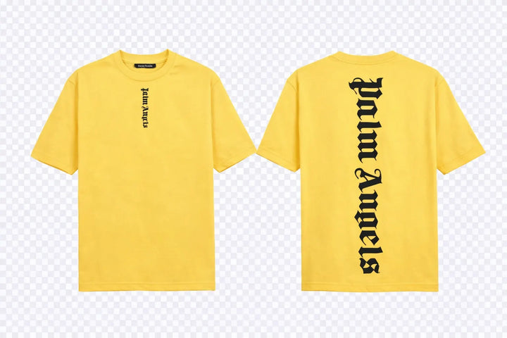 Palm Angels Yellow T-Shirt featuring a large black gothic font logo