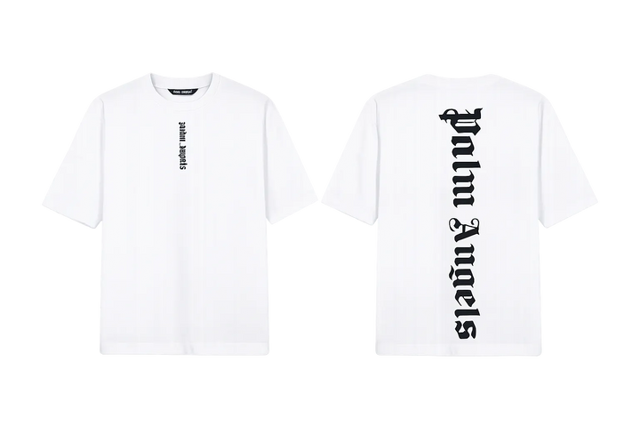 Palm Angels White T-Shirt featuring a large black gothic font logo