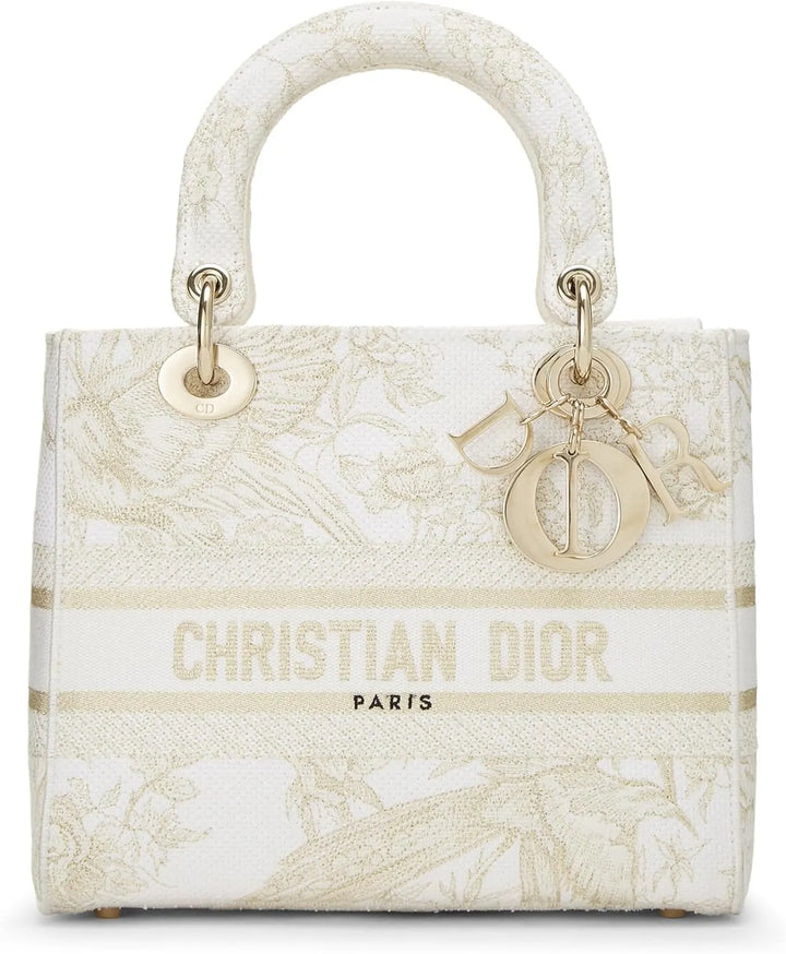 Pre-Loved White &amp; Gold Embroidered Canvas Lady D-Lite Medium, White