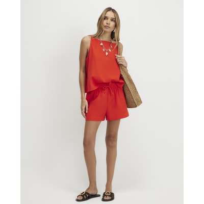 Red Linen Blend Shorts