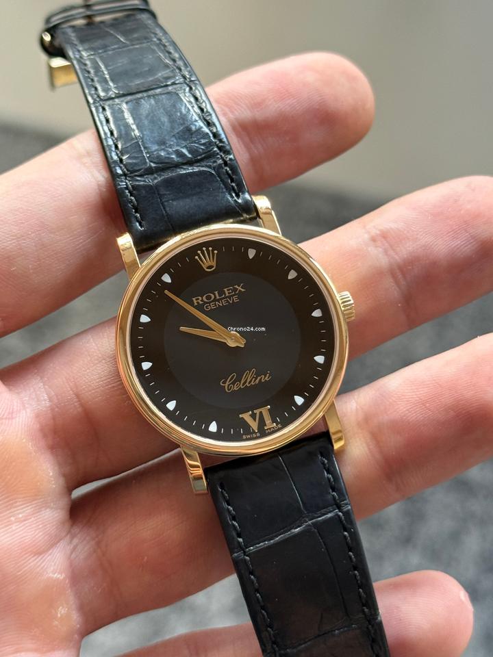 Rolex | Cellini | 5115 | Yellow gold | 32 mm | Crocodile skin | Black | Manual winding