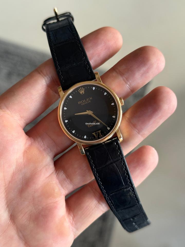 Rolex | Cellini | 5115 | Yellow gold | 32 mm | Crocodile skin | Black | Manual winding