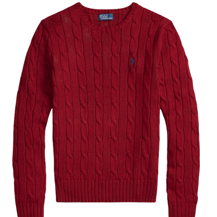 Women Red Cable-Knit Cotton Crewneck Sweater