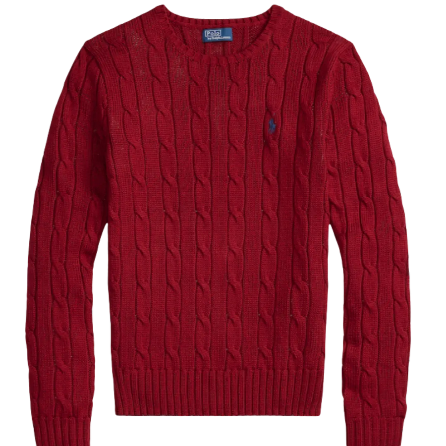 Women Red Cable-Knit Cotton Crewneck Sweater