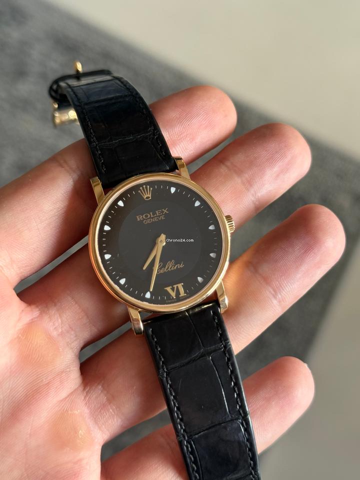 Rolex | Cellini | 5115 | Yellow gold | 32 mm | Crocodile skin | Black | Manual winding